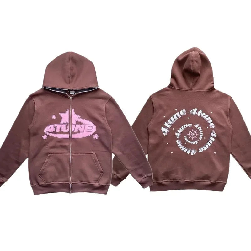 Star Letter Print Hoodie Men Retro Zip Up Long Sleeve Loose Jacket Coats Streetwear