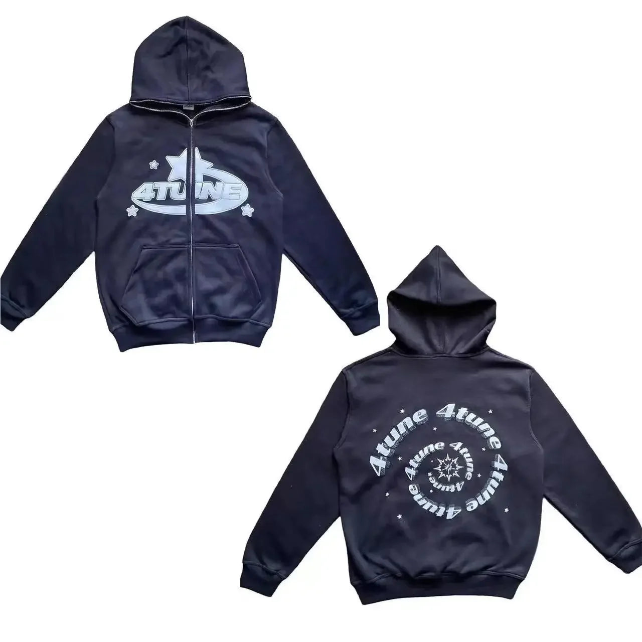 Star Letter Print Hoodie Men Retro Zip Up Long Sleeve Loose Jacket Coats Streetwear