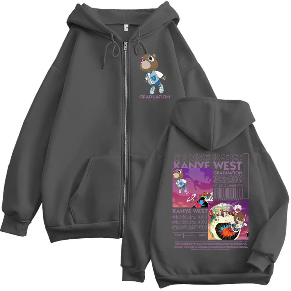 Rapper Kanye West Graduation Graphic Zipper Hoodie Men Women Harajuku Hip Hop Sweatshirts Fashion