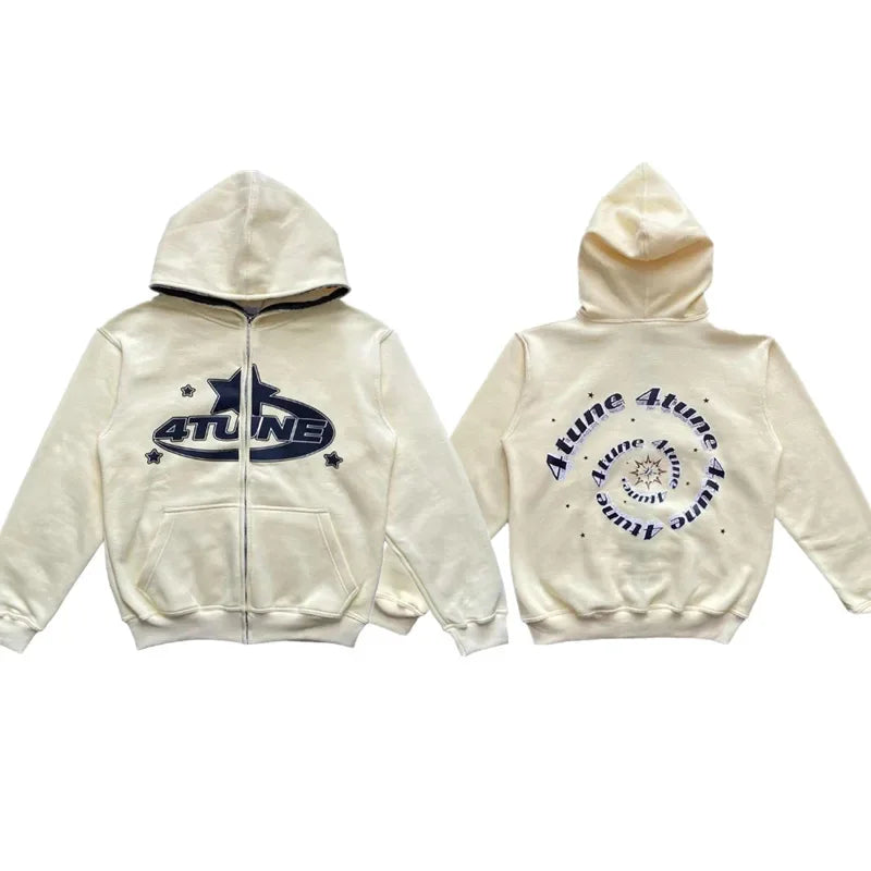 Star Letter Print Hoodie Men Retro Zip Up Long Sleeve Loose Jacket Coats Streetwear