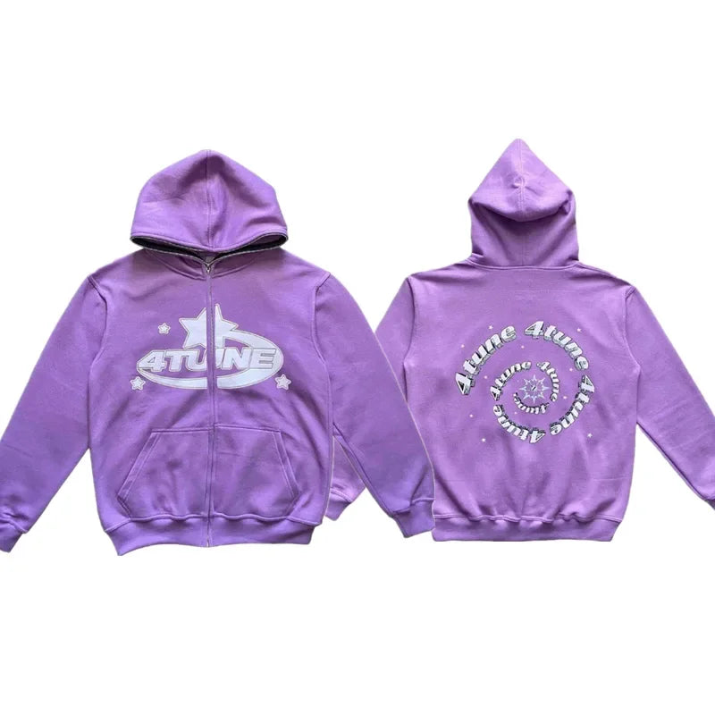 Star Letter Print Hoodie Men Retro Zip Up Long Sleeve Loose Jacket Coats Streetwear