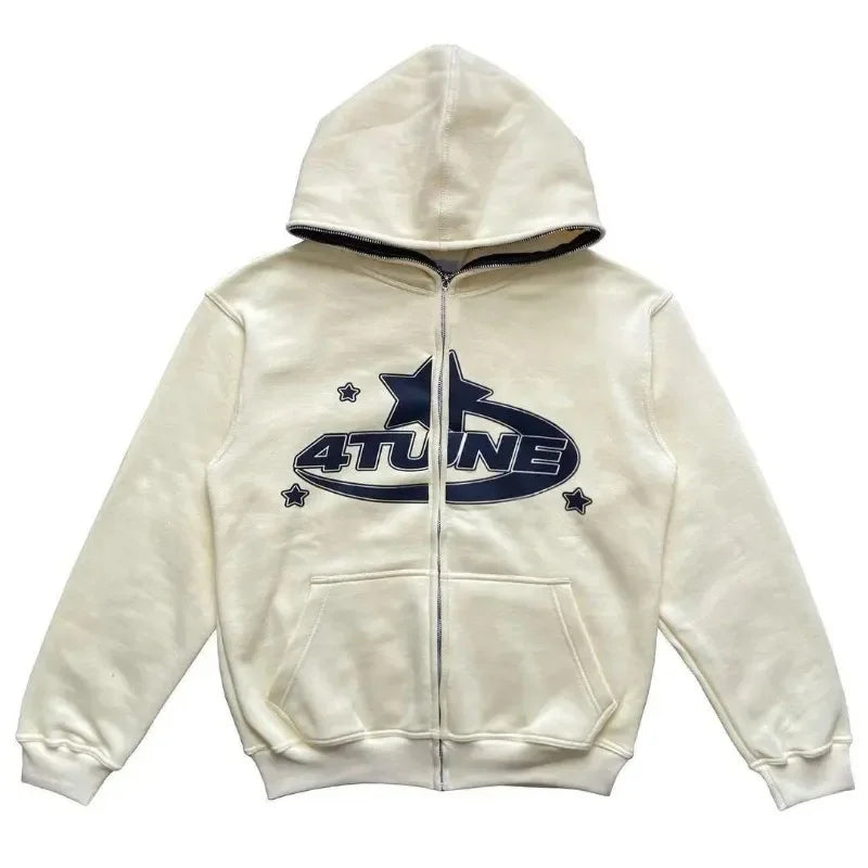 Star Letter Print Hoodie Men Retro Zip Up Long Sleeve Loose Jacket Coats Streetwear