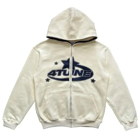 Star Letter Print Hoodie Men Retro Zip Up Long Sleeve Loose Jacket Coats Streetwear
