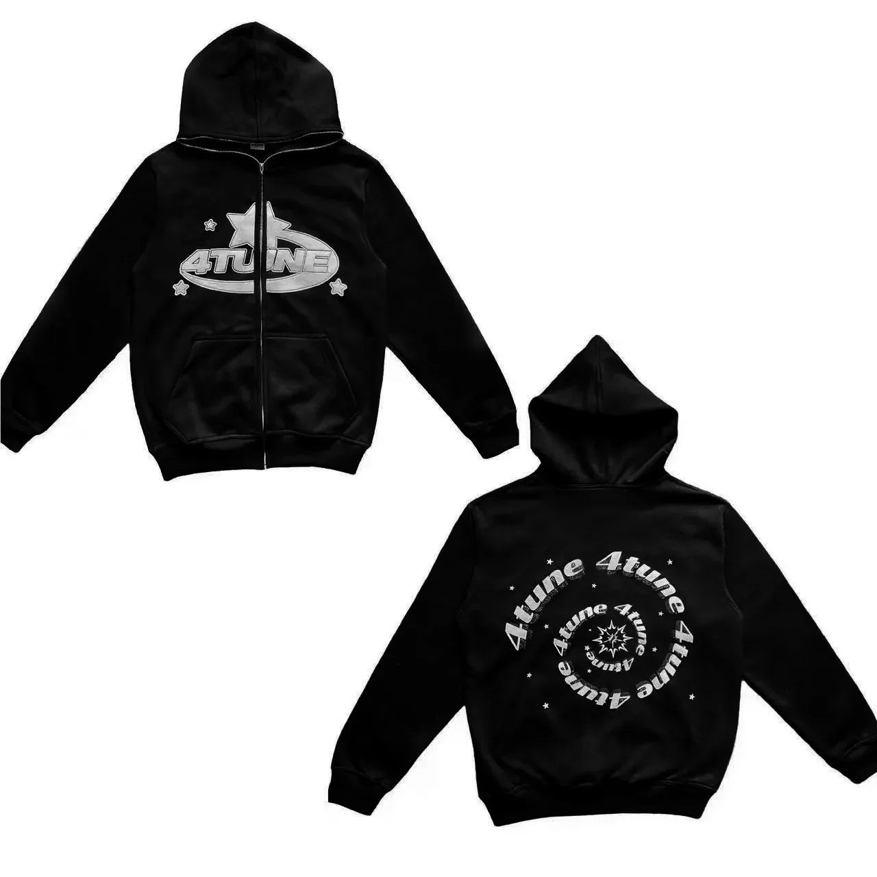 Star Letter Print Hoodie Men Retro Zip Up Long Sleeve Loose Jacket Coats Streetwear