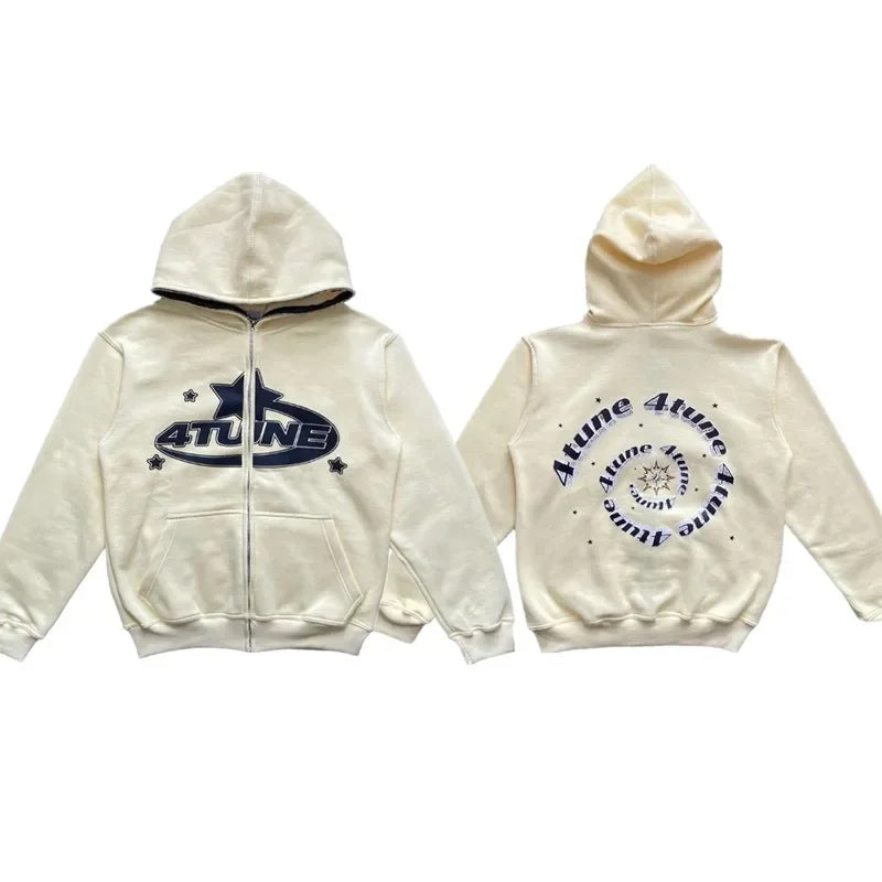 Star Letter Print Hoodie Men Retro Zip Up Long Sleeve Loose Jacket Coats Streetwear