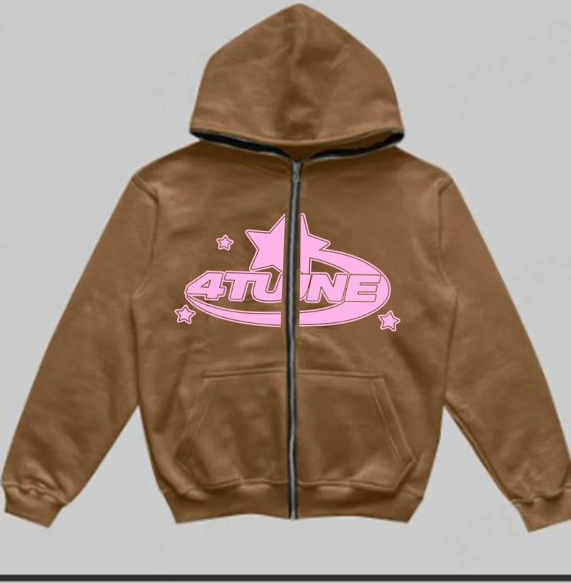 Star Letter Print Hoodie Men Retro Zip Up Long Sleeve Loose Jacket Coats Streetwear